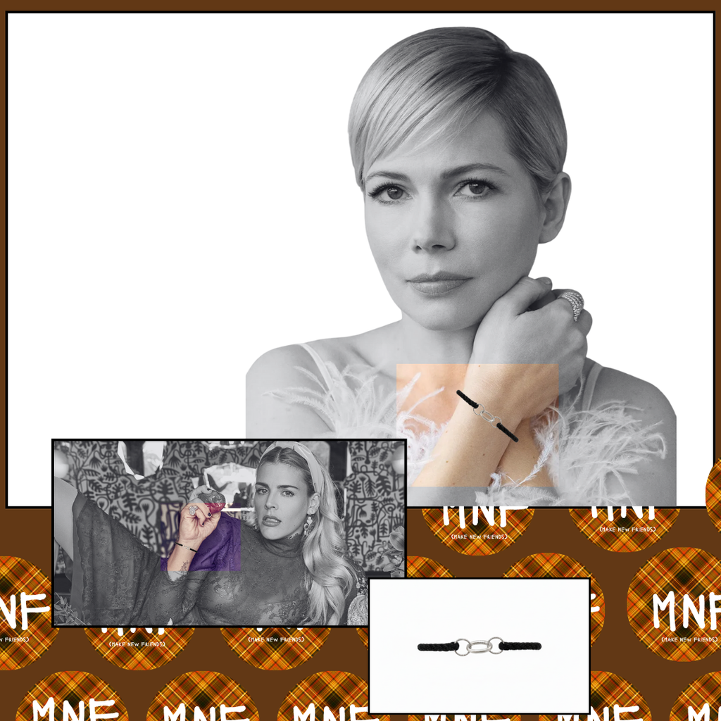 Collage of a woman with friendship bracelet and a patterned background