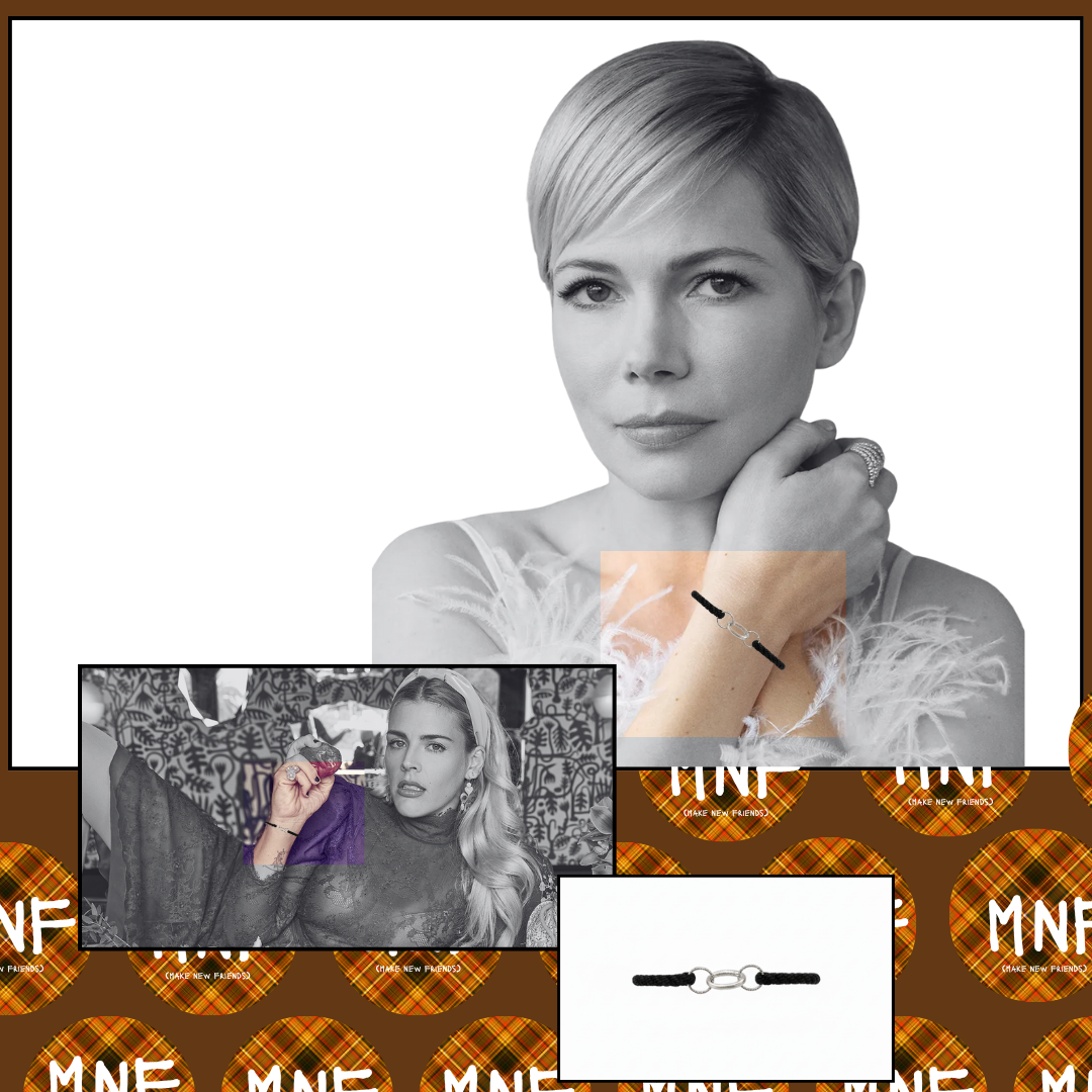 Collage of a woman with friendship bracelet and a patterned background