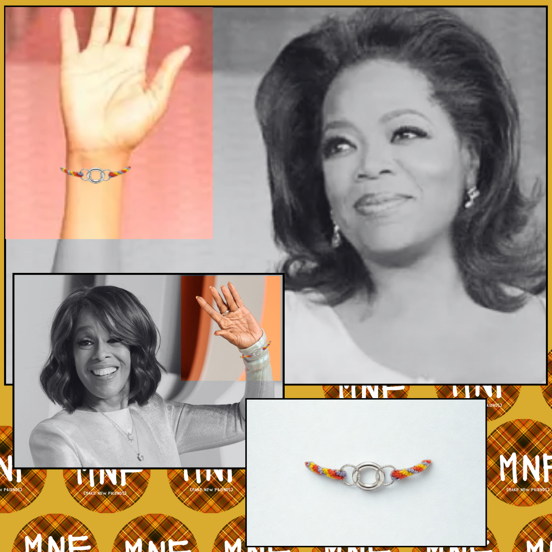 Collage of a woman waving, a friendship bracelet with a colorful pattern, and text on a yellow background.