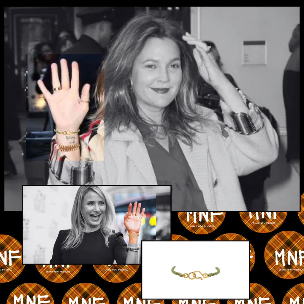 Woman waving with inset images of herself and a silk friendship bracelet, surrounded by 'MNF' branding.