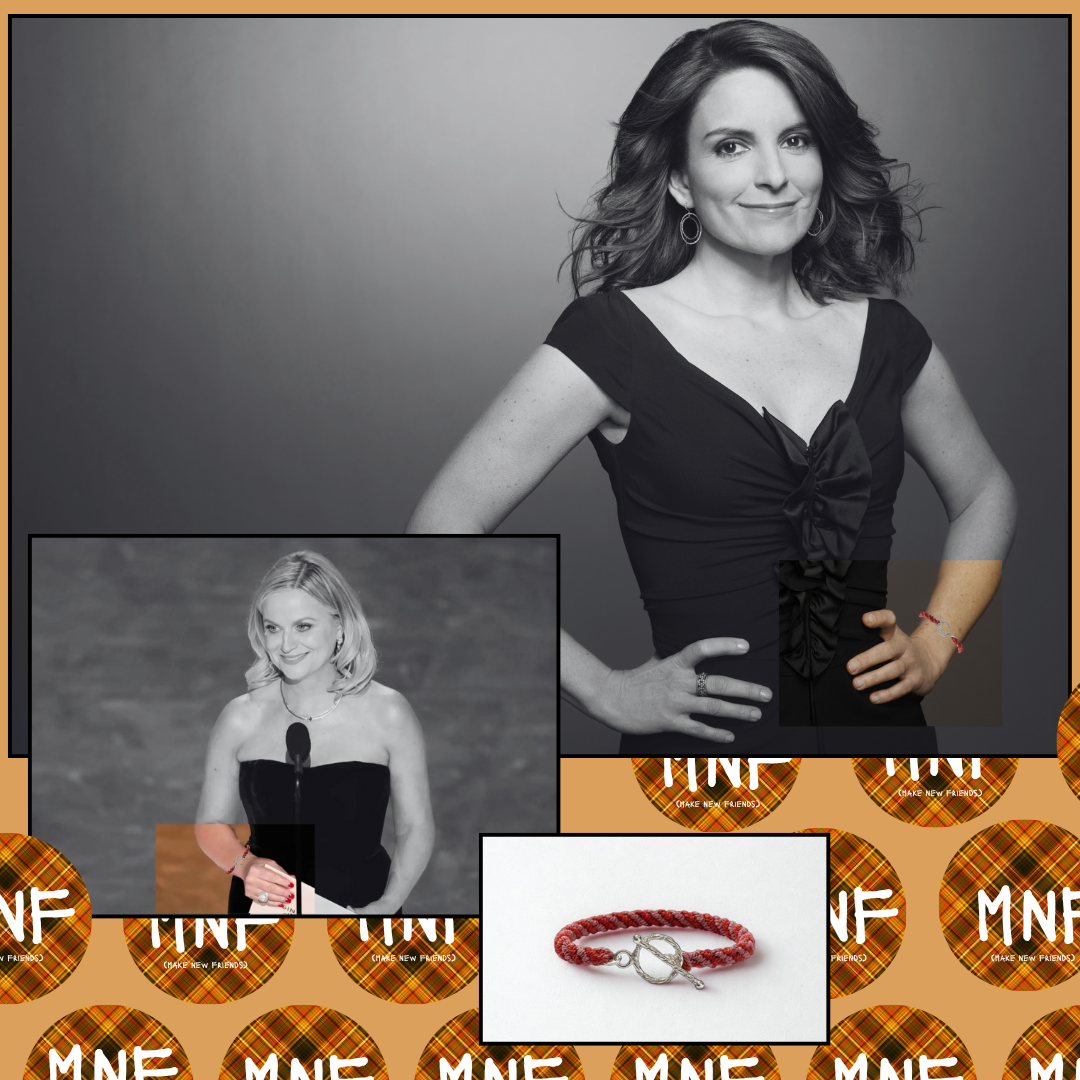 Woman in a black dress with friendship bracelet on inset images and 'MNF' branding.